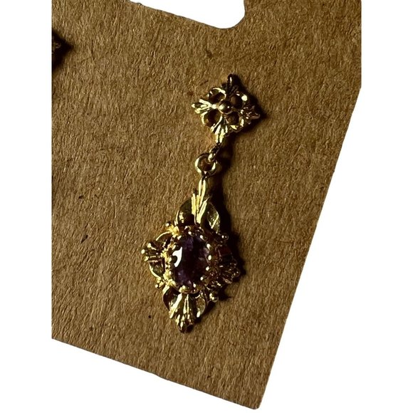 14K Earrings Gold Amethyst Filigree Drop Dangle Vintage Art Deco Signed CU - Picture 3 of 8